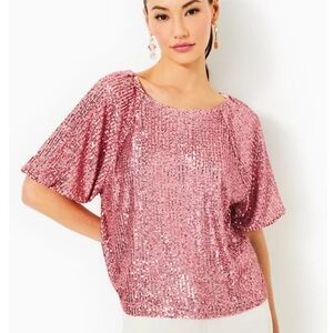 Lilly Pulitzer Rose Pink Sequin Short-Sleeve Top Cressida sz Small Party Shirt